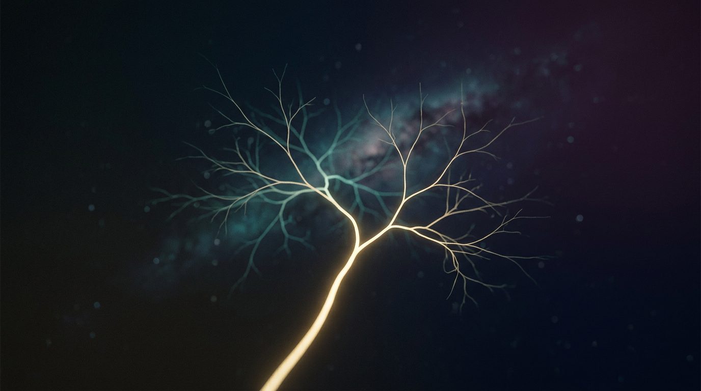 Glowing filaments of light tracing back through generations