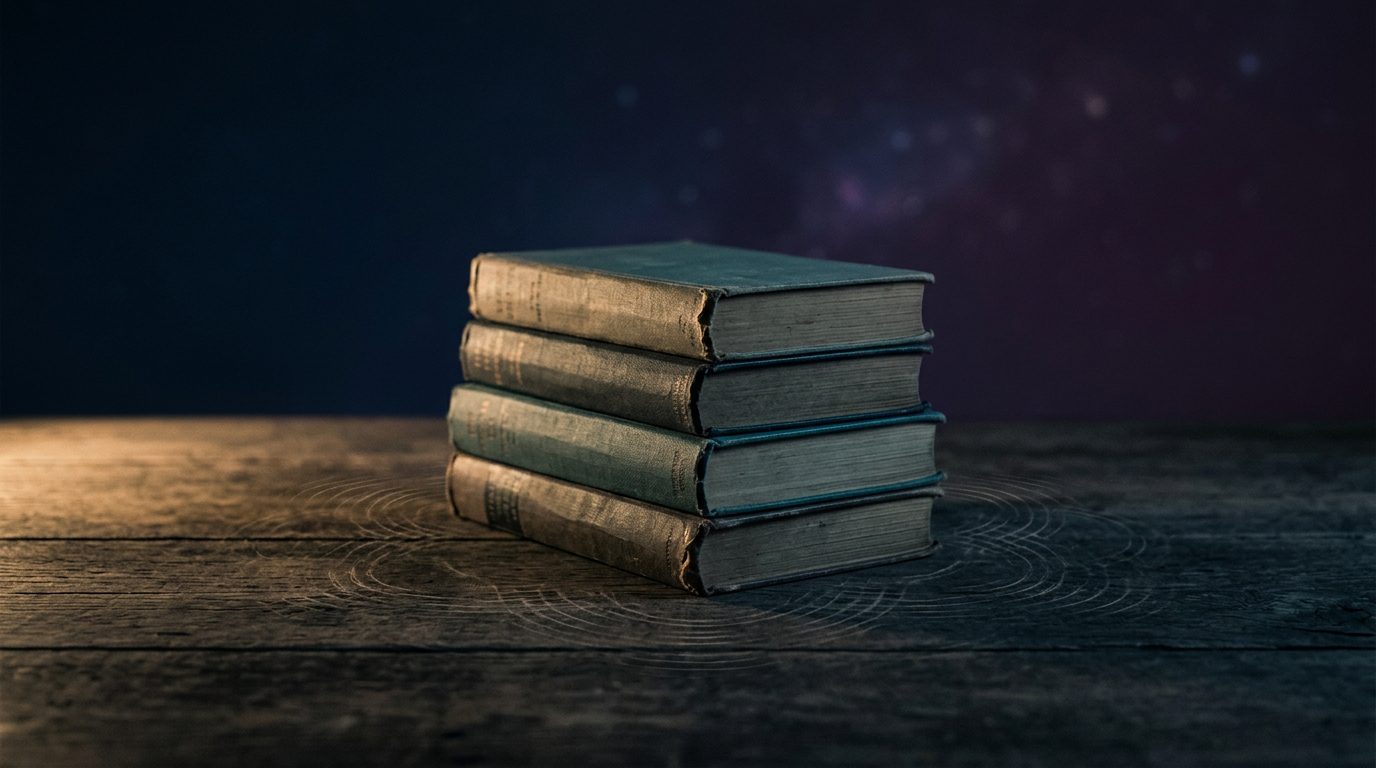 Stack of worn books on weathered wood under low warm light
