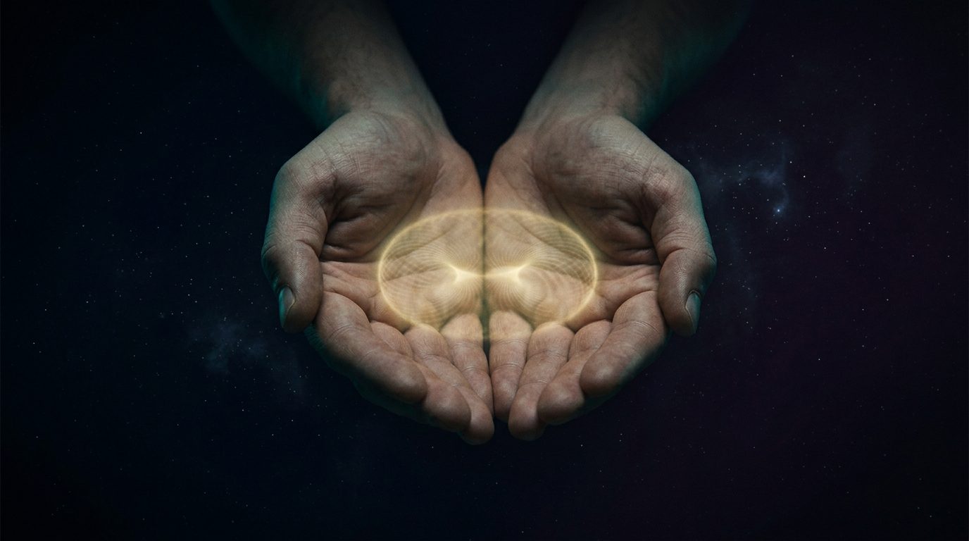 Cupped hands held apart with visible field of pale-gold light between them