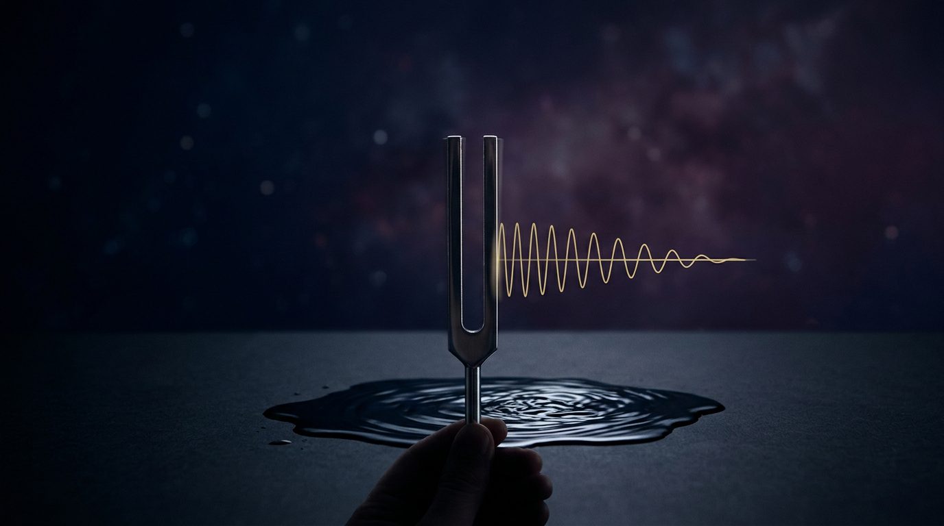 Tuning fork above dark water with one tine creating a clean standing wave