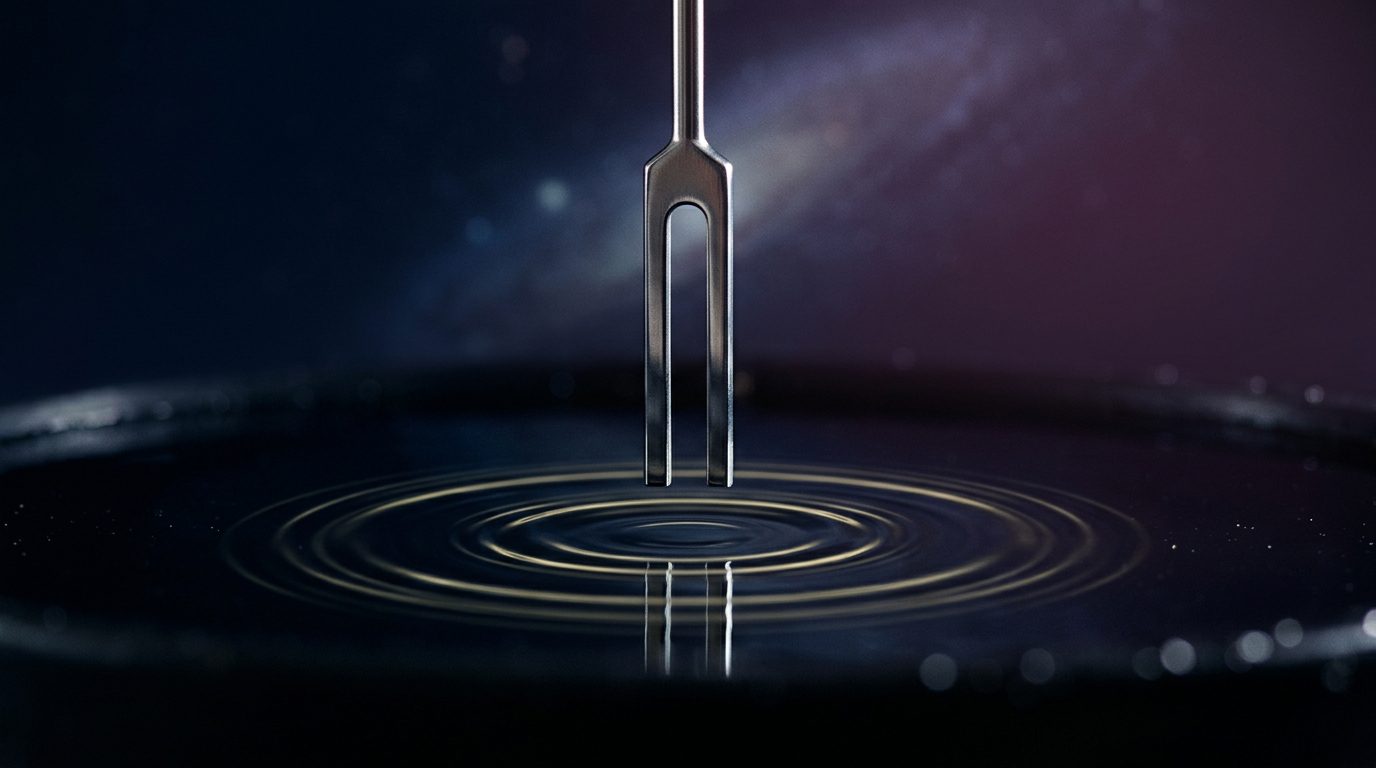 Tuning fork creating ripples on still water in low-key light