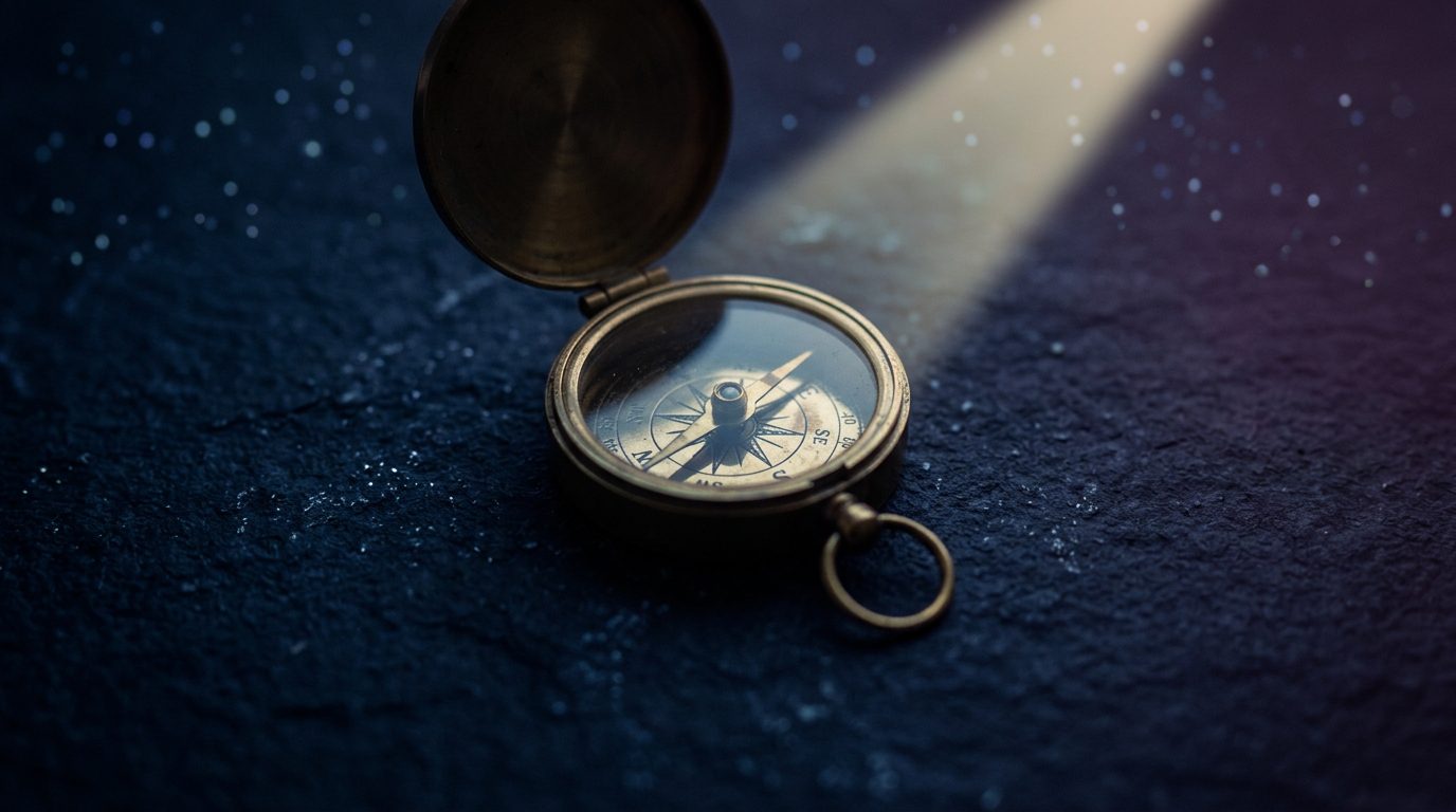 Compass on dark stone with soft pale-gold light beam