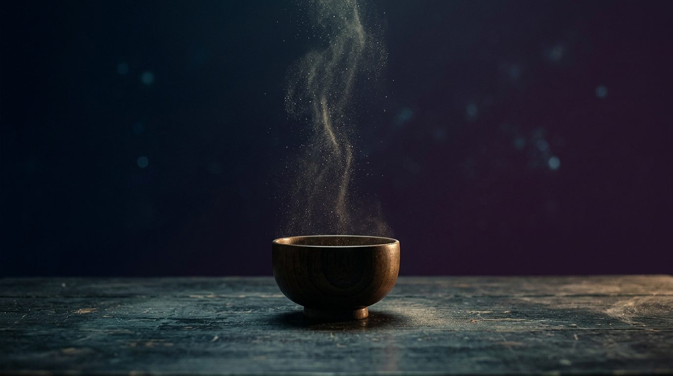 Single open wooden bowl on dark wood with rising column of dust-motes