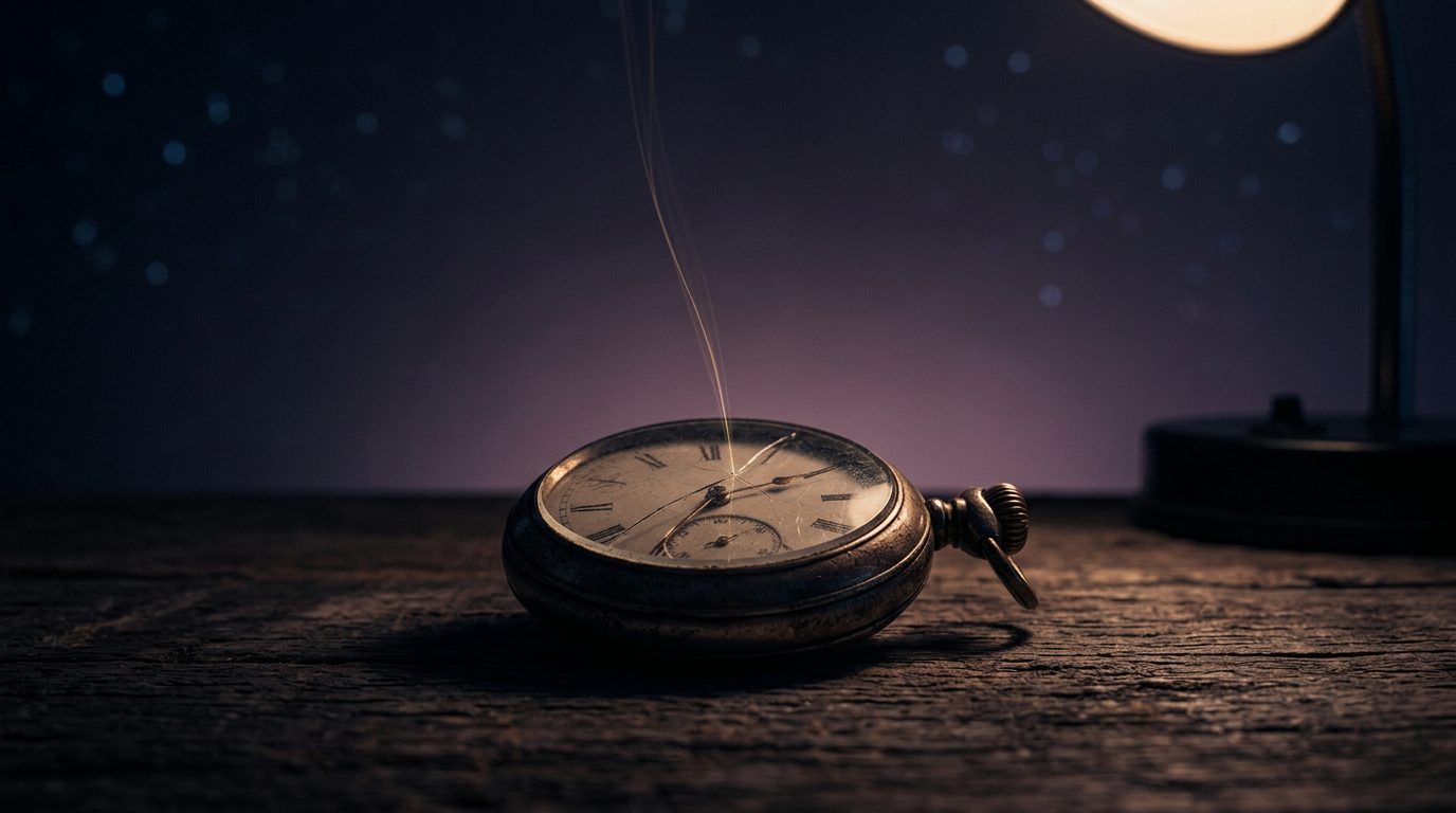 A broken pocket watch with light escaping from a hairline crack