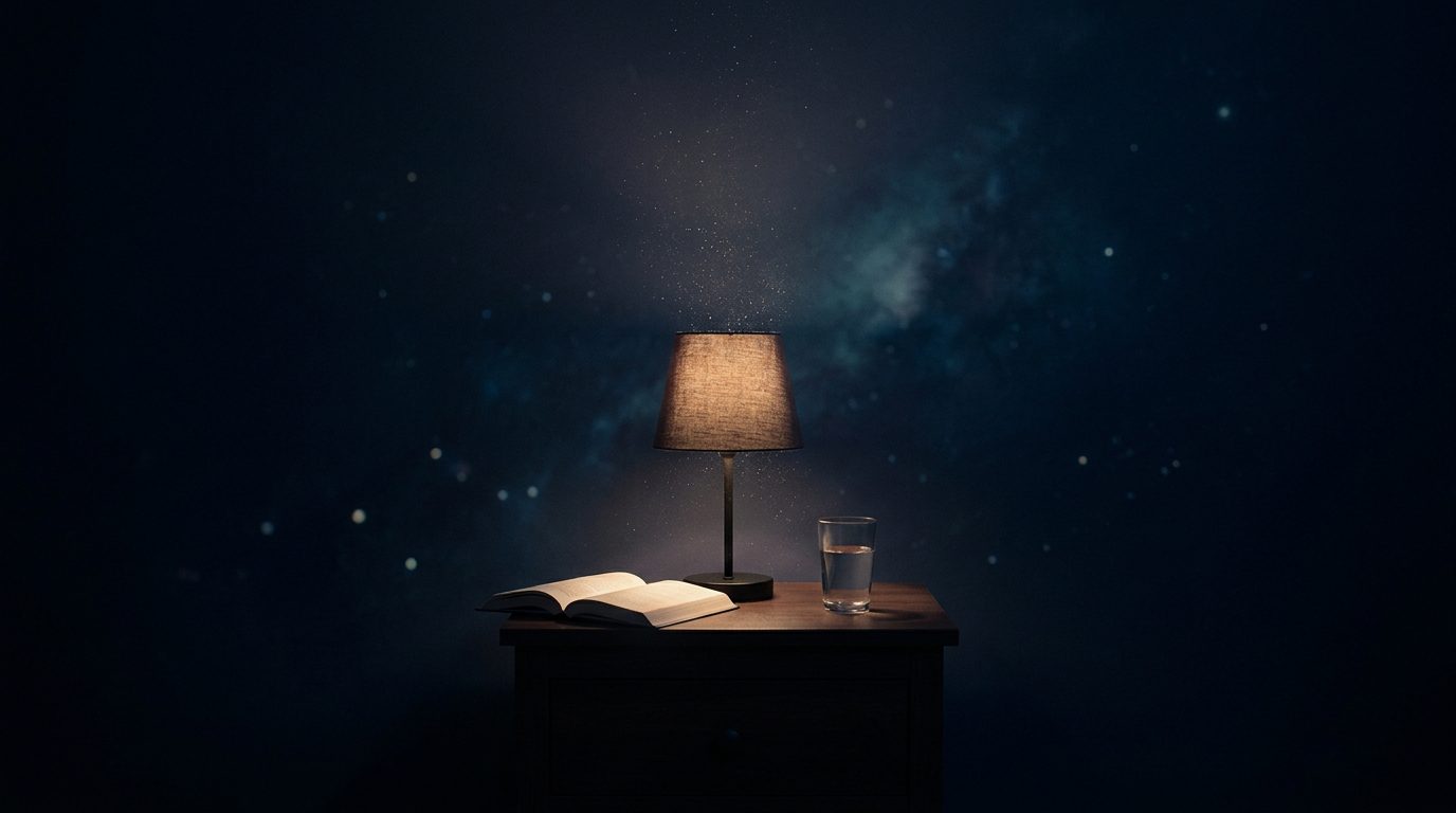 Settling dust returning to stillness in a calm night room