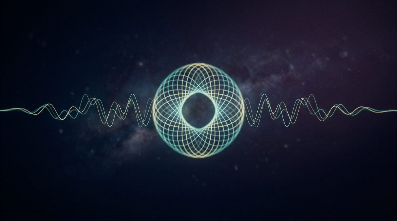 Two thin glowing wave patterns mirroring each other in deep space