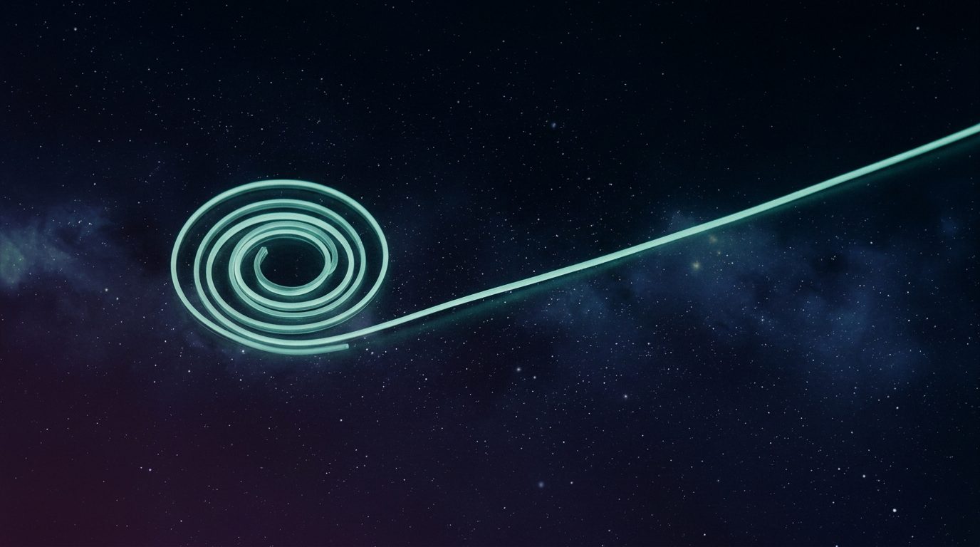 Spiral of teal light straightening into a clean diagonal line