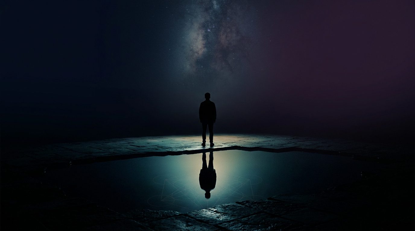 A figure facing their own shadow in a pool of light
